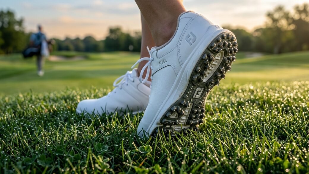 Golfer wearing white spiked golf shoes standing on wet morning grass with a blurred course in the background.
