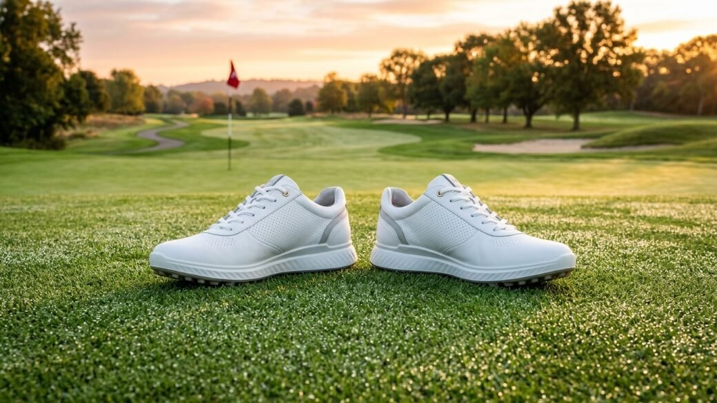 Pair of white leather golf shoes sitting on the grass with a flagstick and sunset background.