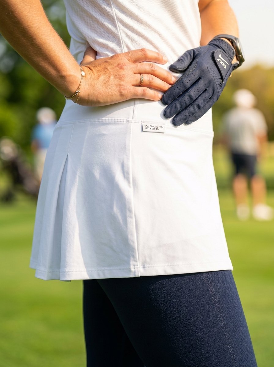 Close up of a golfer wearing a white pleated skirt with navy leggings and a dark golf glove on the green.