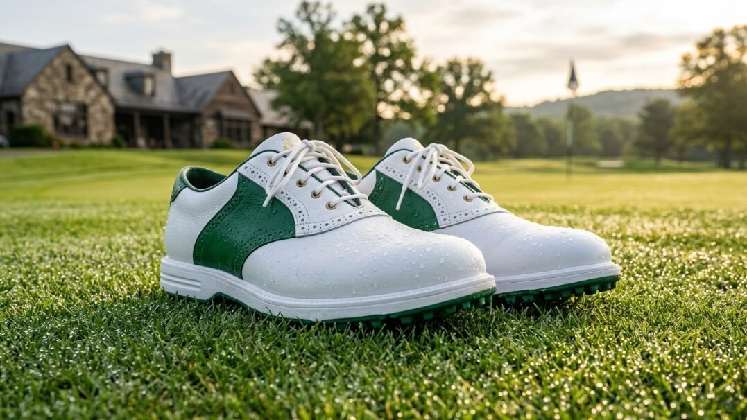 Classic white and green leather golf shoes with water droplets sitting on a lush putting green.