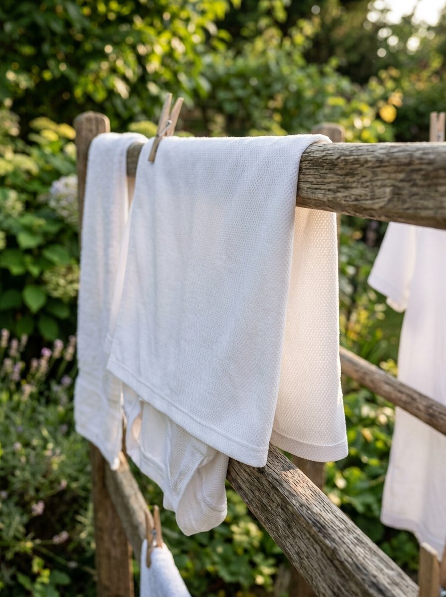 Textured white towels hanging from a weathered wooden rail in a sunny garden.