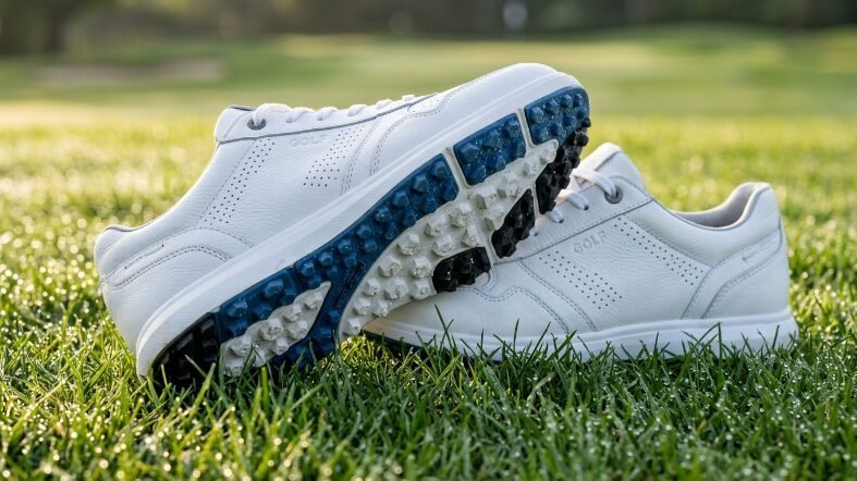 Close-up of white professional golf shoes resting on dew-covered fairway grass