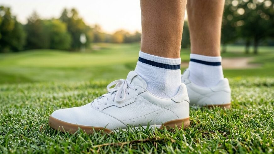 Close-up perspective of white leather athletic shoes and striped socks standing on a dew-covered golf course.