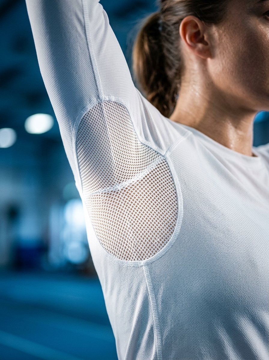 Athlete wearing a white moisture-wicking workout shirt with ventilated mesh sections under the arm.