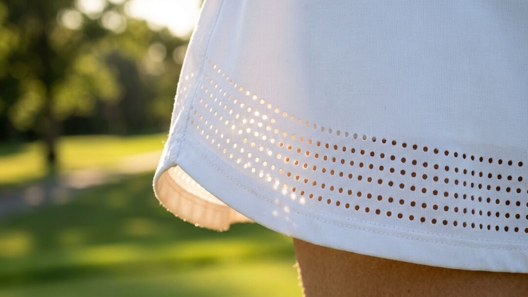 Detail view of the hem of a white performance skirt featuring a row of circular perforations.