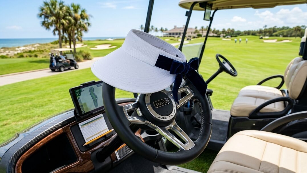 White sun visor with a navy bow sitting on the steering wheel of a Club Car golf cart overlooking a seaside course.