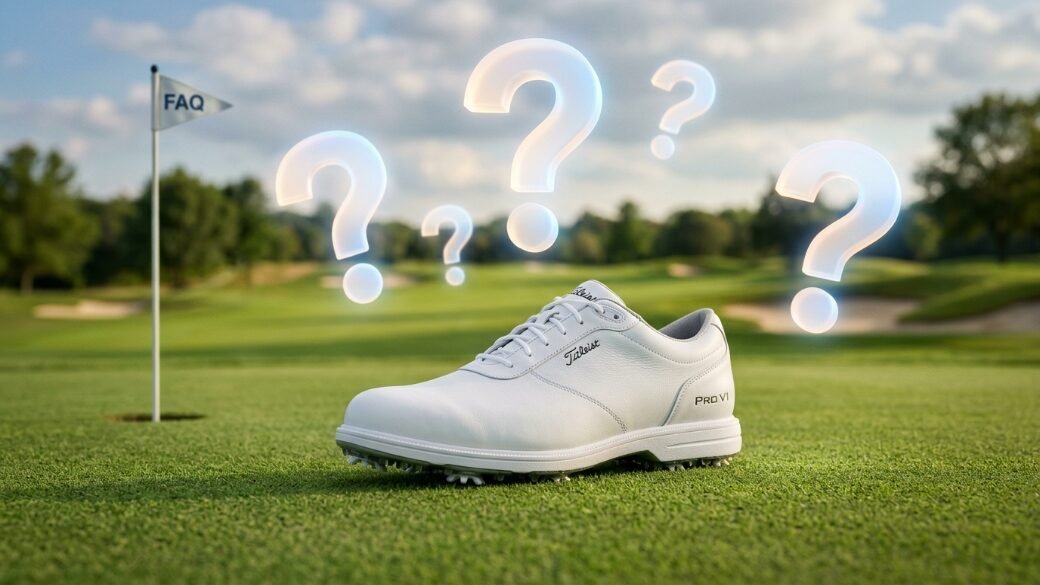 A white golf shoe resting on grass with glowing question marks floating above it near an FAQ flag.