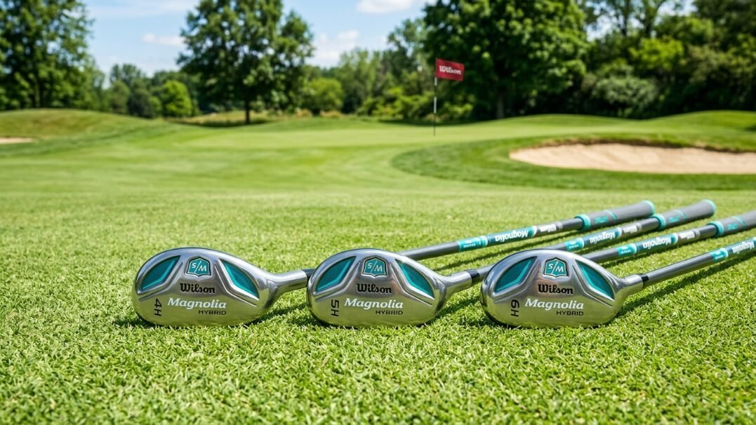 Close-up of 4H, 5H, and 6H Wilson Magnolia hybrid clubs lined up on a sunny golf course.