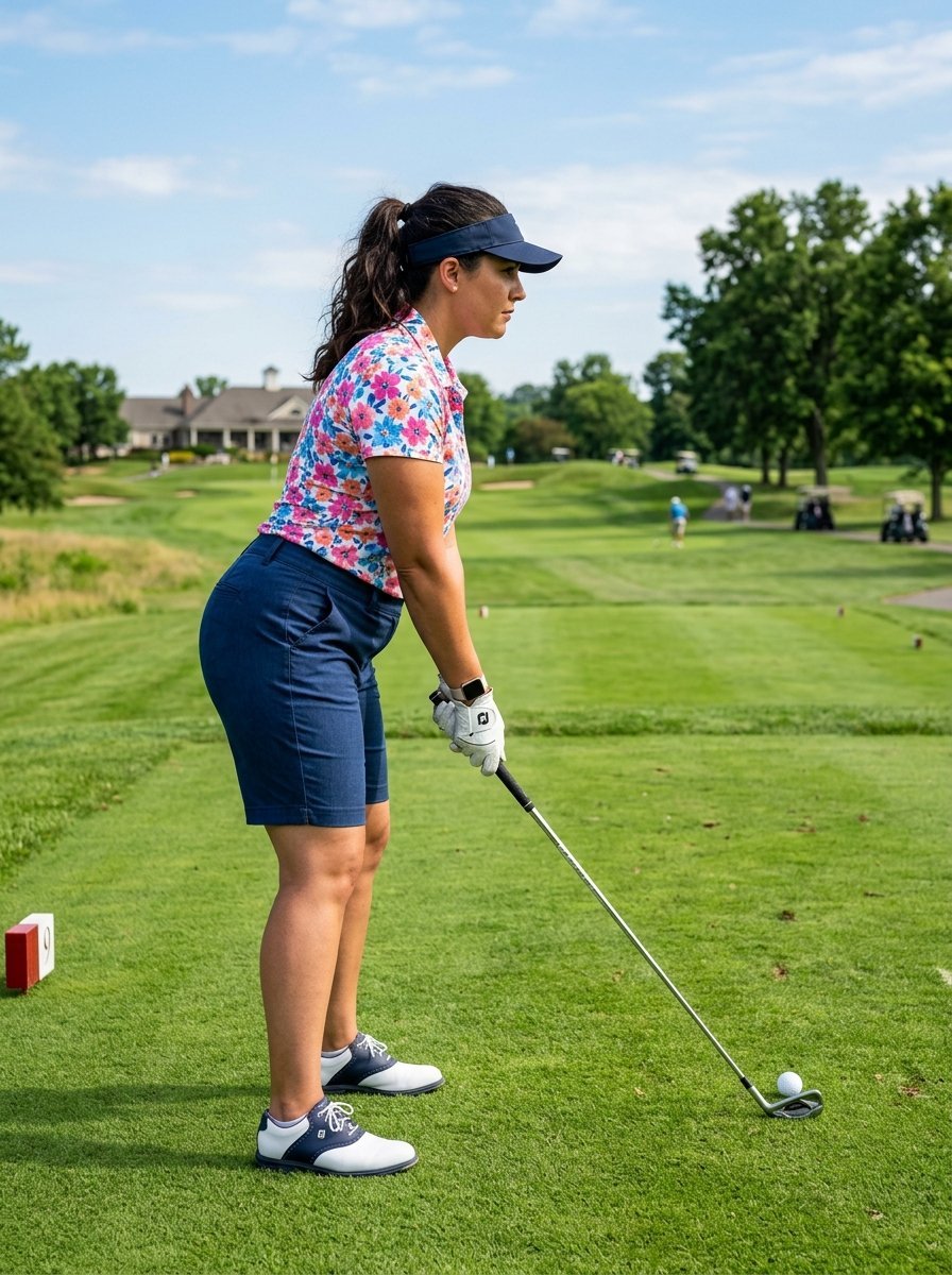 A golfer in a floral shirt and navy shorts stands on a sunny course, ready to hit the ball with her iron.