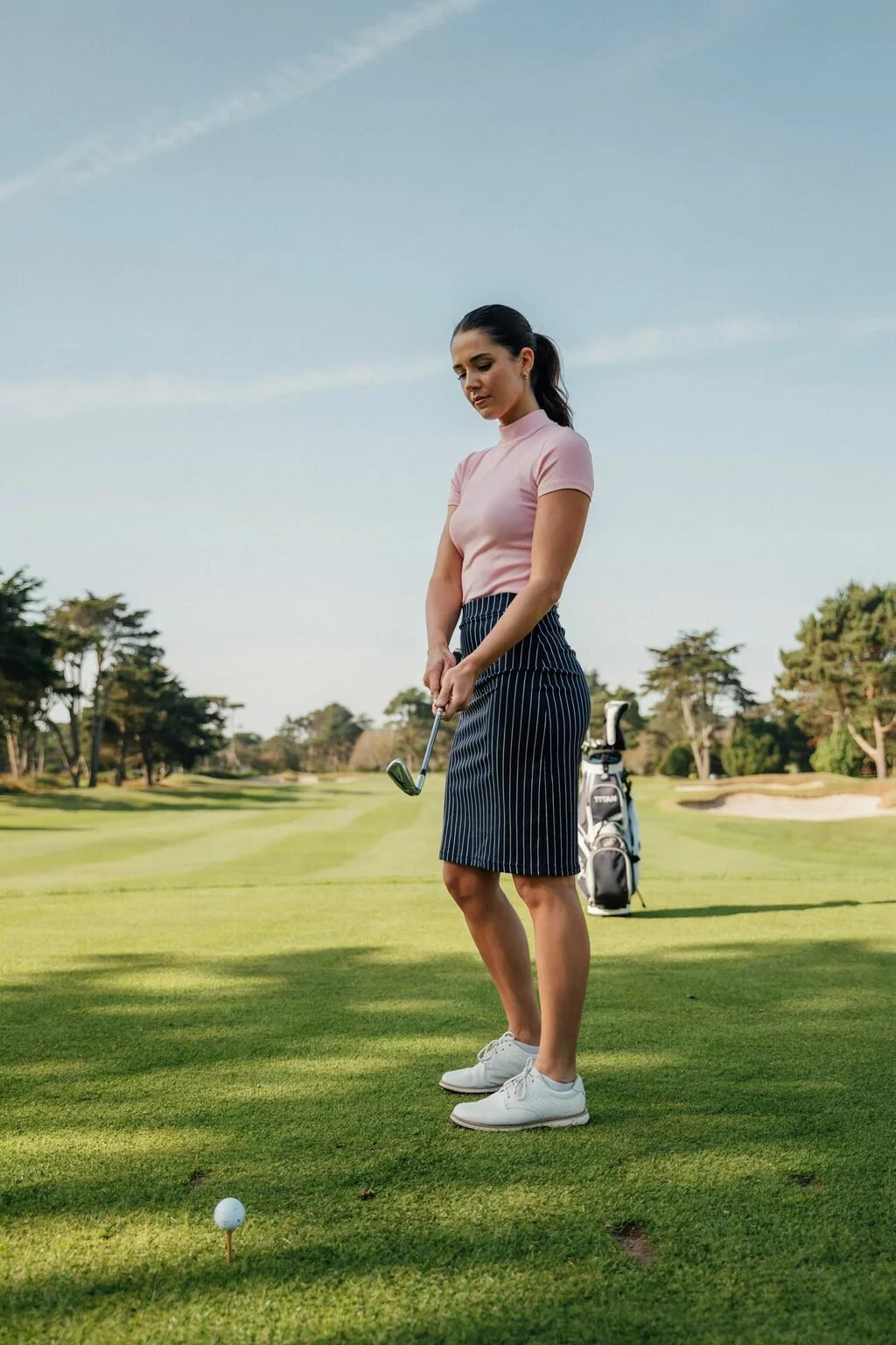 Woman in pink mock neck shirt and pinstriped skirt holding a golf club on a sunny green course.