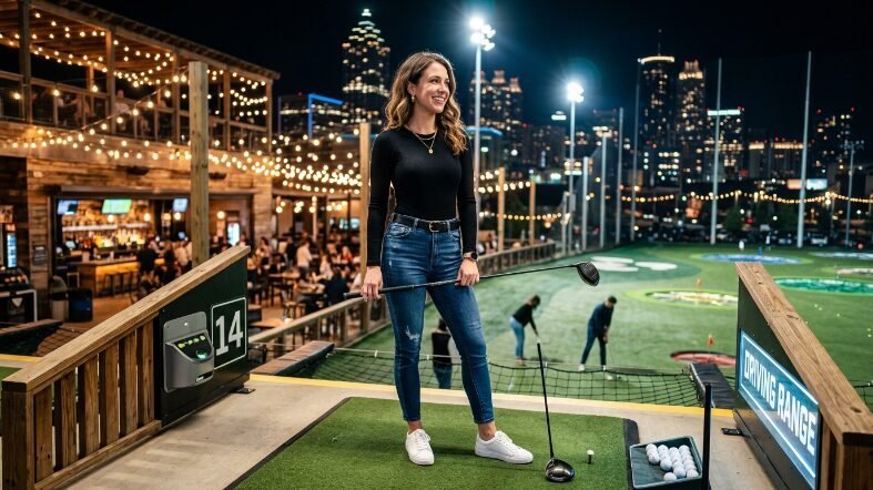 A woman stands in a golf bay at night with a city skyline in the background, holding a driver on the green turf.