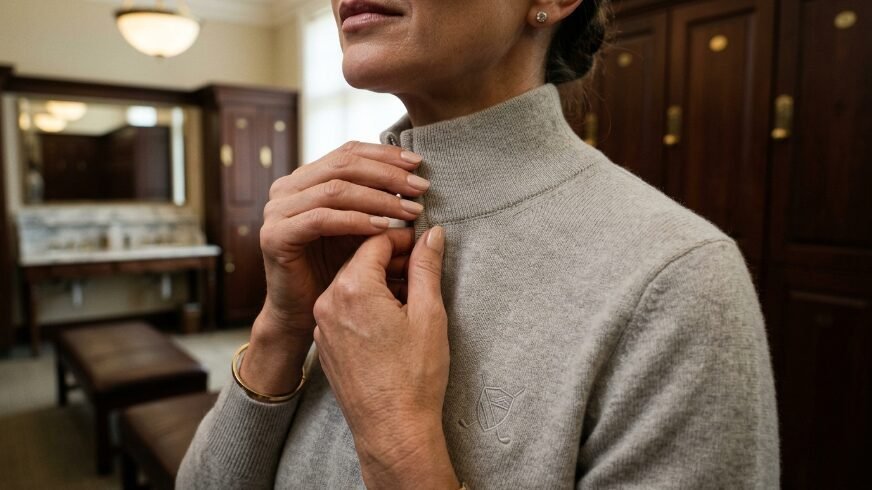 Close up of hands fastening buttons on a soft grey sweater with an embroidered golf club crest.