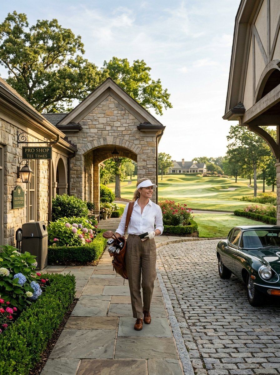 Golfer with a visor and bag walking along a cobblestone path near a clubhouse and a parked green vintage car.