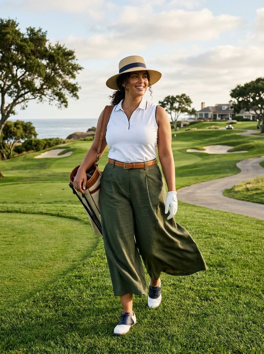 A smiling woman wearing a sun hat and linen pants walks on a golf course carrying a vintage-style golf bag.