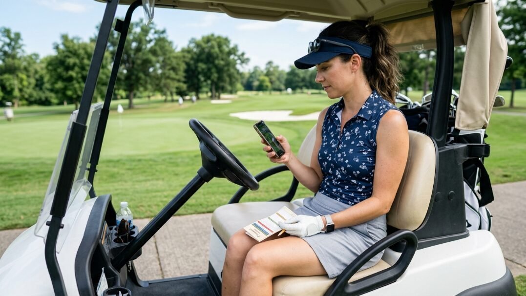 Woman in a floral polo and visor holding a phone and scorecard in a golf cart on a sunny course.