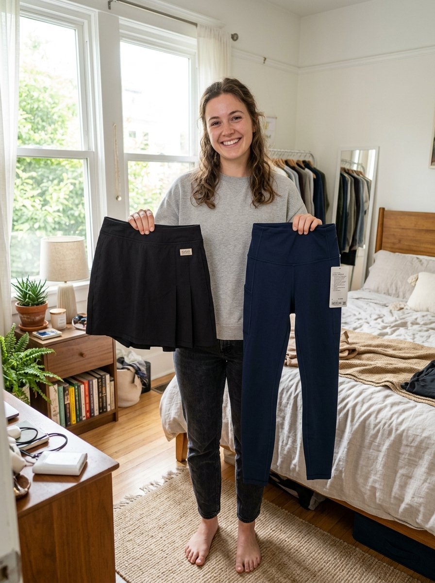 Smiling woman in her bedroom showing a black tennis skirt and blue workout leggings to the camera.