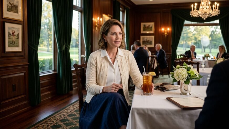 A woman in a cream sweater sitting with iced tea at a white-clothed table in a wood-paneled dining room.