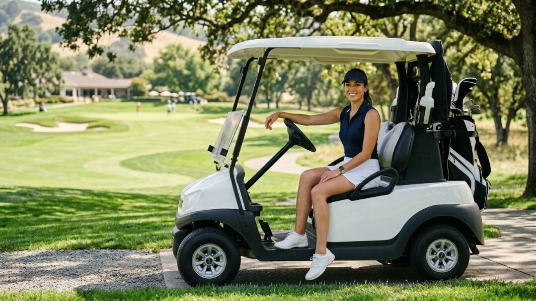 A happy woman in a navy polo and white skirt sits behind the wheel of a golf cart parked on a sunny course.