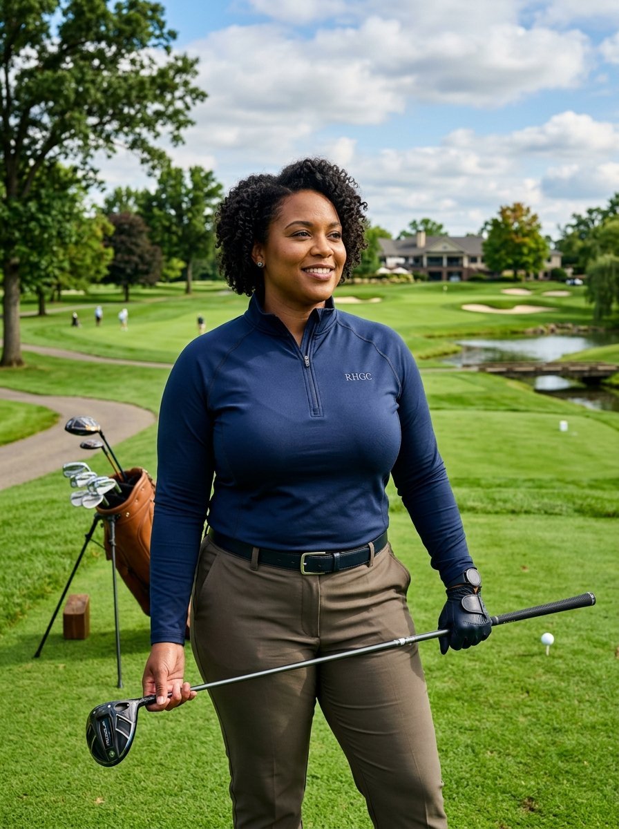 A Black woman in a navy quarter-zip golf shirt standing on a course holding a driver.
