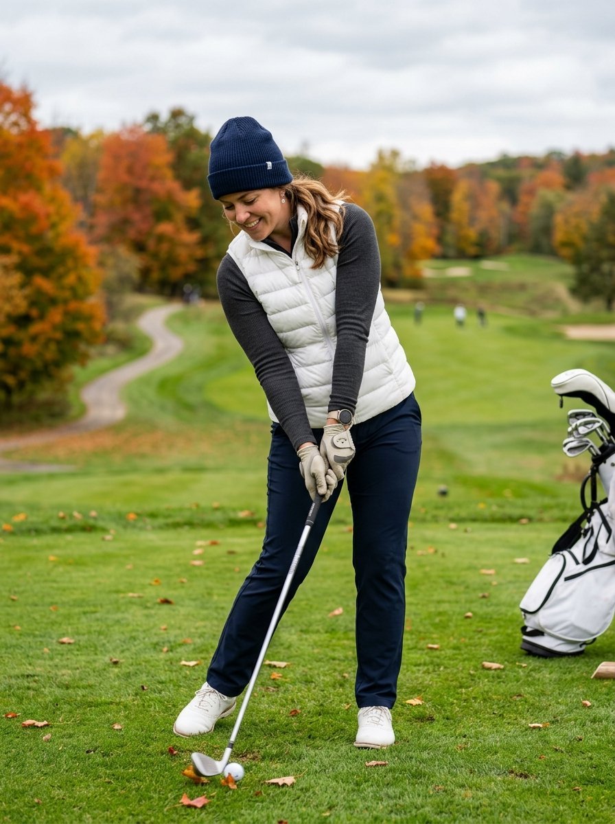 A woman wearing a beanie and white vest prepares to hit a golf ball on a course with colorful fall foliage.