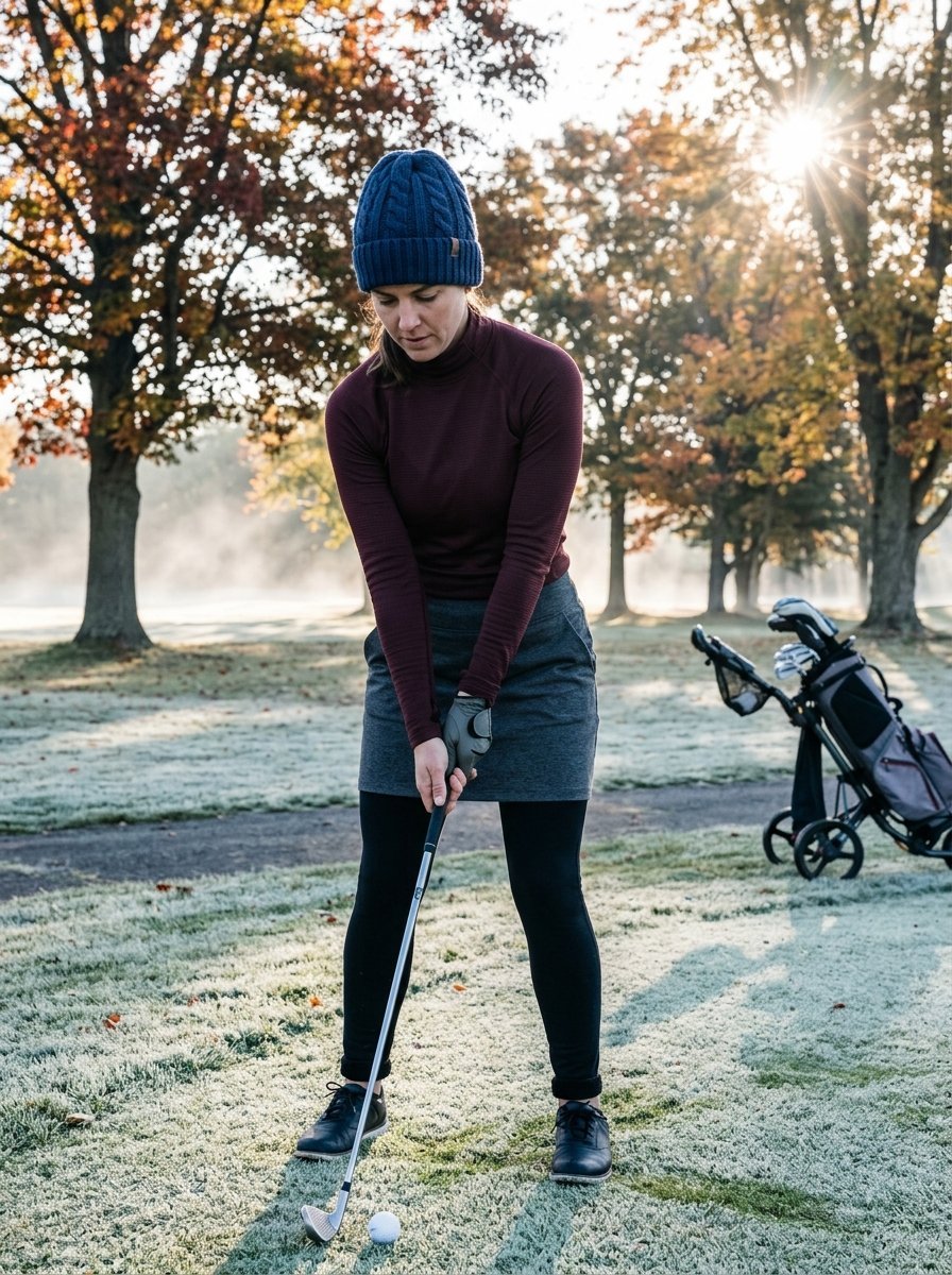 A woman wearing a blue beanie and maroon turtleneck golfing on a frosted green field with fall foliage.
