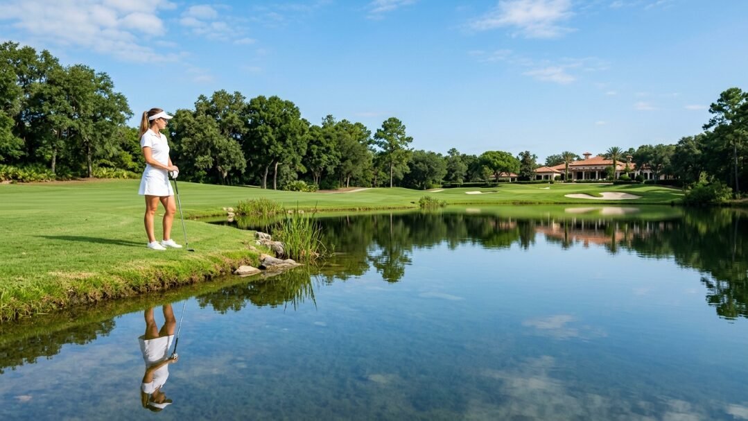 A woman in a white golf outfit stands on the grass beside a pond reflecting the blue sky and clubhouse.