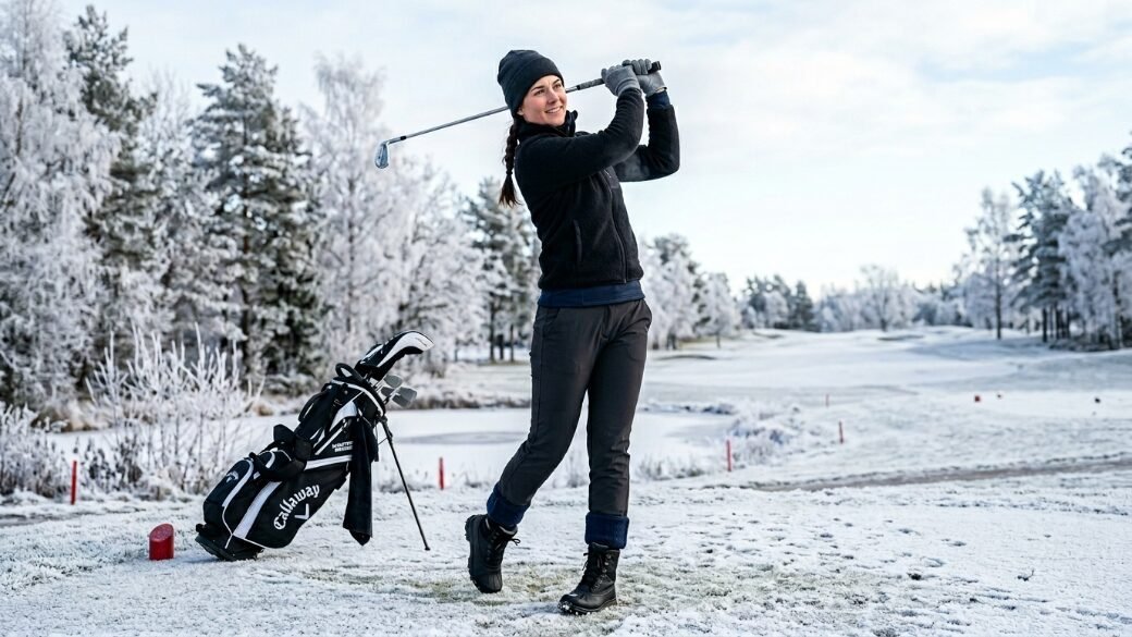 Woman in winter gear swinging a golf club on a frost-covered course with a Callaway bag nearby.