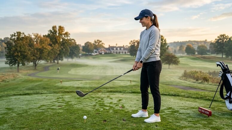 A woman in a grey sweatshirt and cap stands on a dewy golf tee box about to hit a ball with a driver.