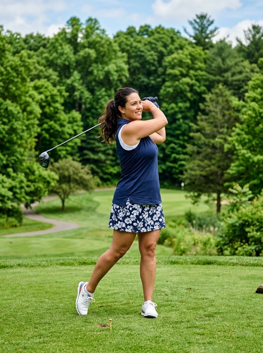 A woman in a navy sleeveless shirt and floral skirt swinging a golf club on a sunny fairway.