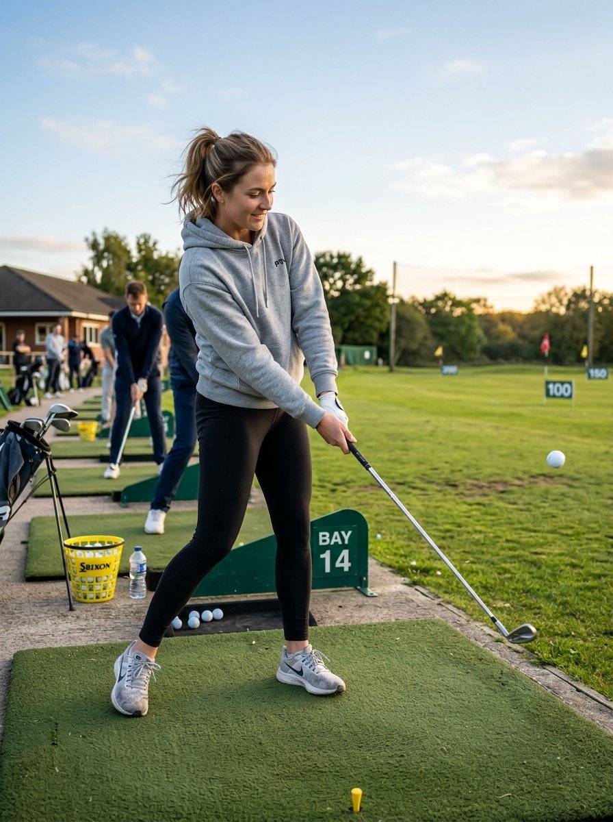 A woman in a grey hoodie swinging a golf club on a green turf mat at a driving range with distance markers.