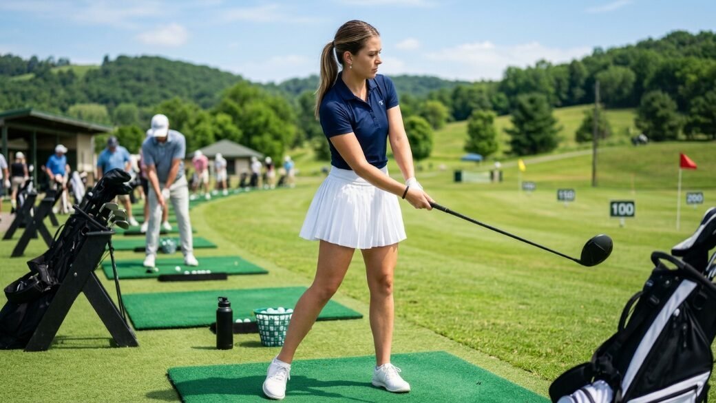 A woman in a navy polo and white pleated skirt swings a golf club on a green turf mat at a driving range.
