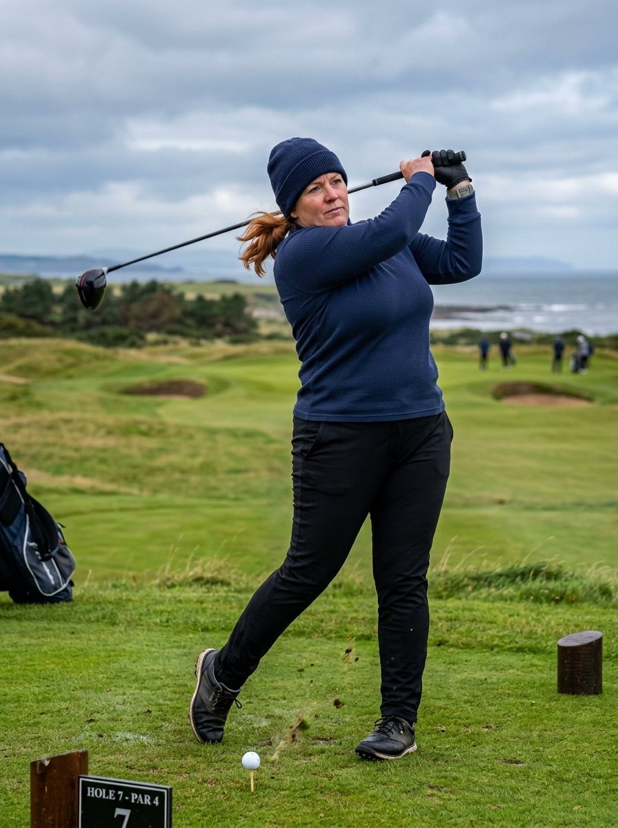 A woman in a navy long-sleeve shirt and beanie follows through on a golf swing at a seaside course.