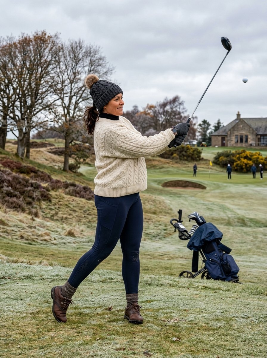 A smiling woman wearing a winter beanie and cream sweater hits a golf ball on a frosty course.