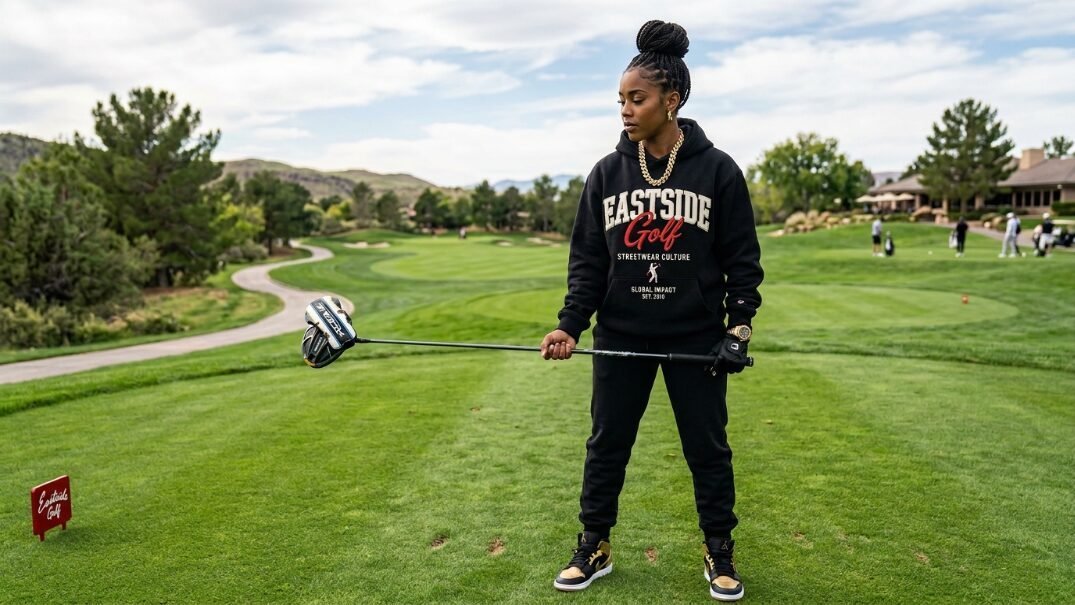 A woman with a high bun wearing Eastside Golf apparel stands on a lush fairway holding a golf club.