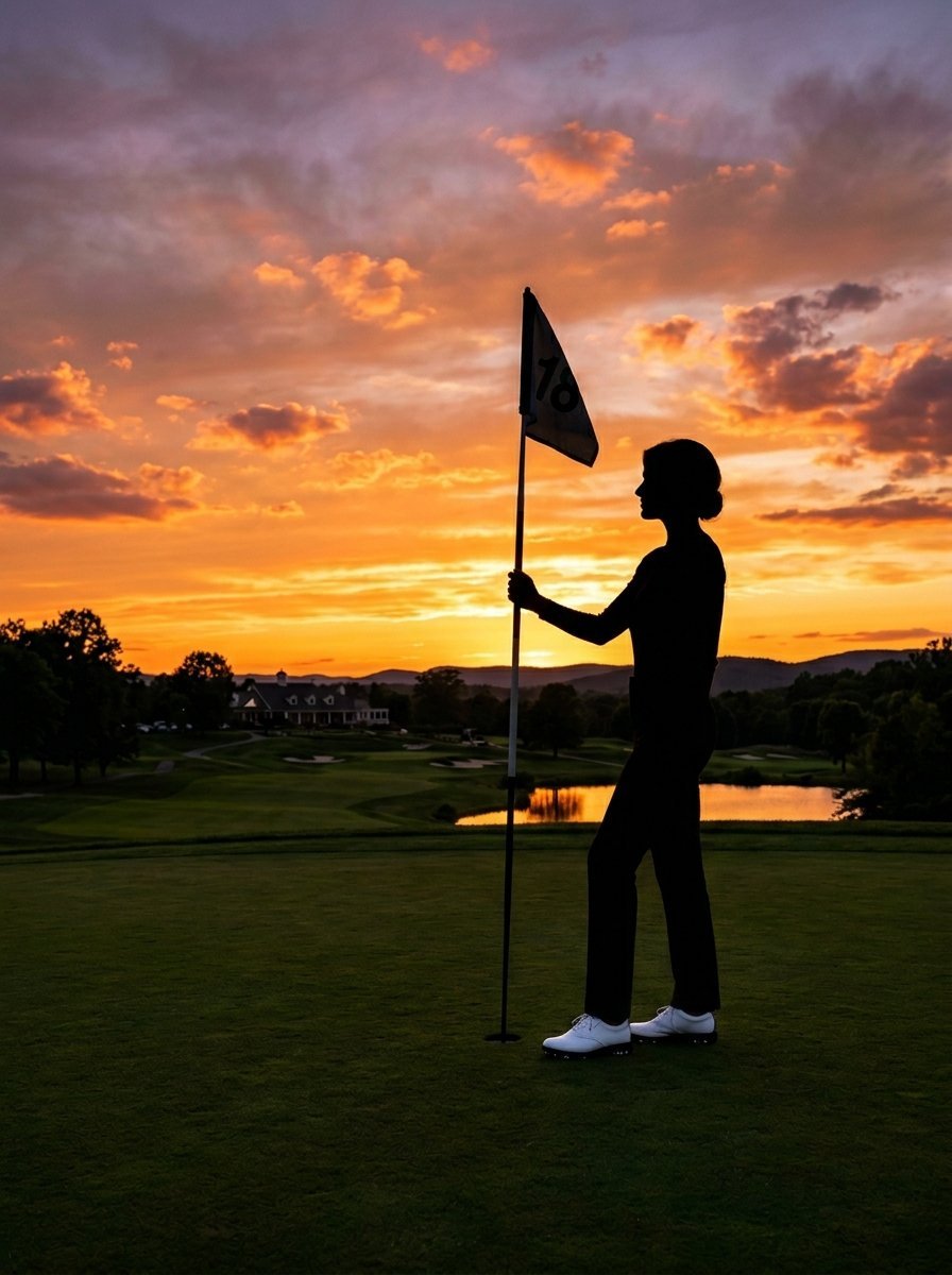 A woman stands in silhouette holding the eighteenth hole flag on a golf course during a vibrant orange sunset.