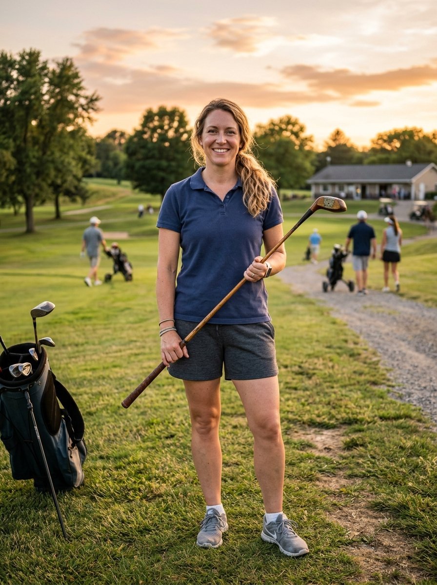 A smiling blonde woman holding a wooden vintage golf club on a grassy course with players in the background.