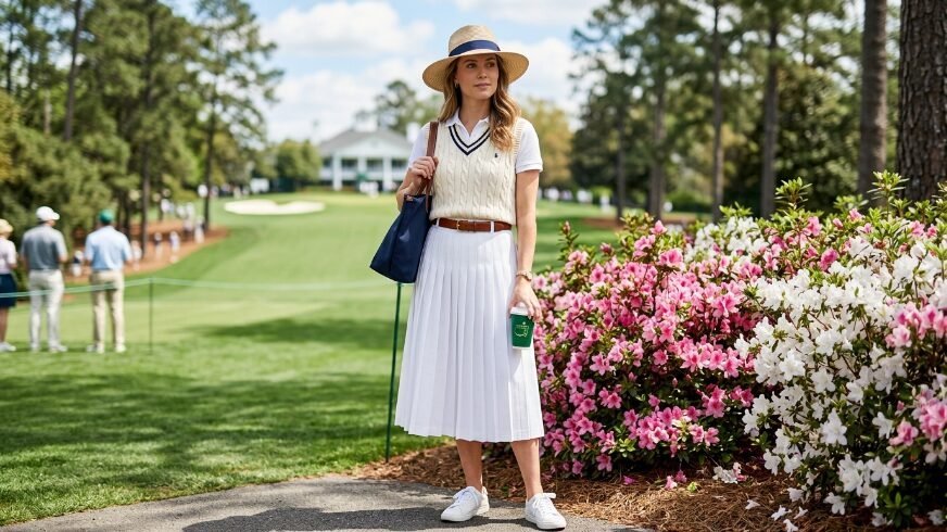 Woman wearing a cable-knit sweater vest and straw hat standing near blooming azaleas on a golf course.