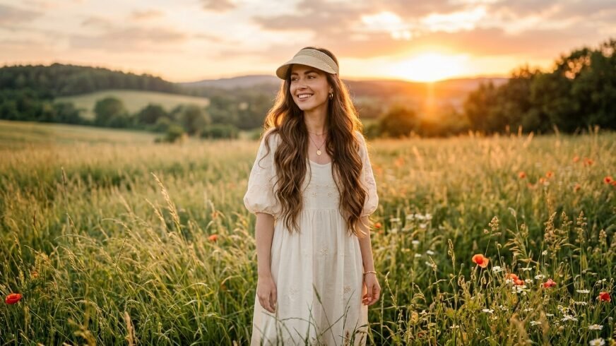 Long-haired woman in a light dress standing in a sunlit meadow of tall grass and red poppies at sunset.