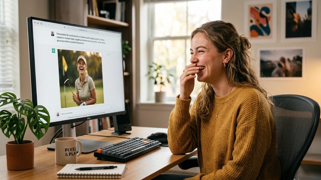 A blonde woman in a mustard knit sweater covers her mouth while laughing at a computer monitor displaying a golf photo.