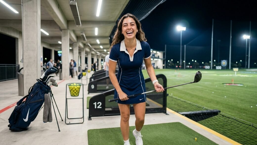 Happy woman smiling while holding a driver standing on a synthetic turf hitting bay at night.