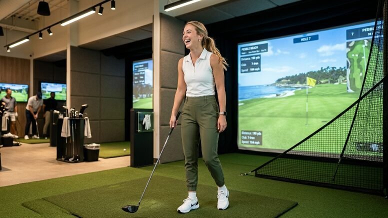 A blonde woman in a white polo and olive joggers laughs while holding a golf club inside a simulator facility.