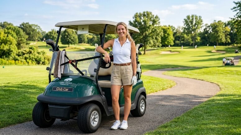 Young female golfer in white polo and shorts standing next to a cart on a sunny golf course path.