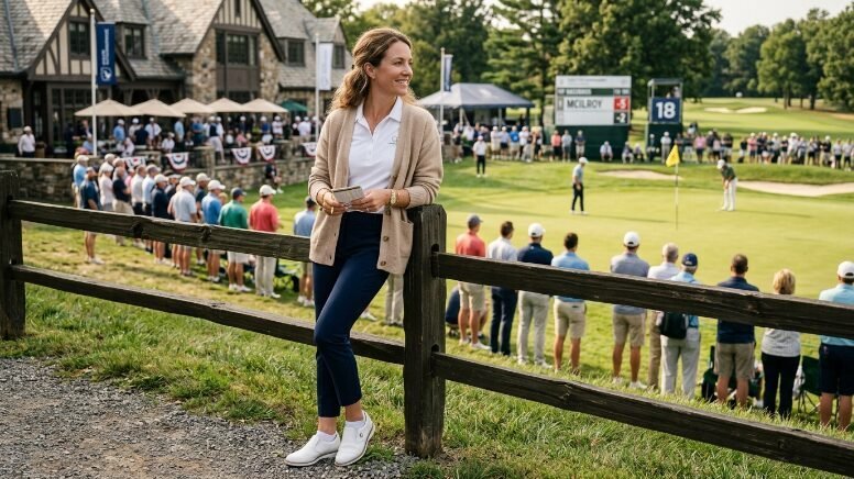A woman stands by a wooden fence overlooking a sunny golf green with spectators and a leaderboard in the background.