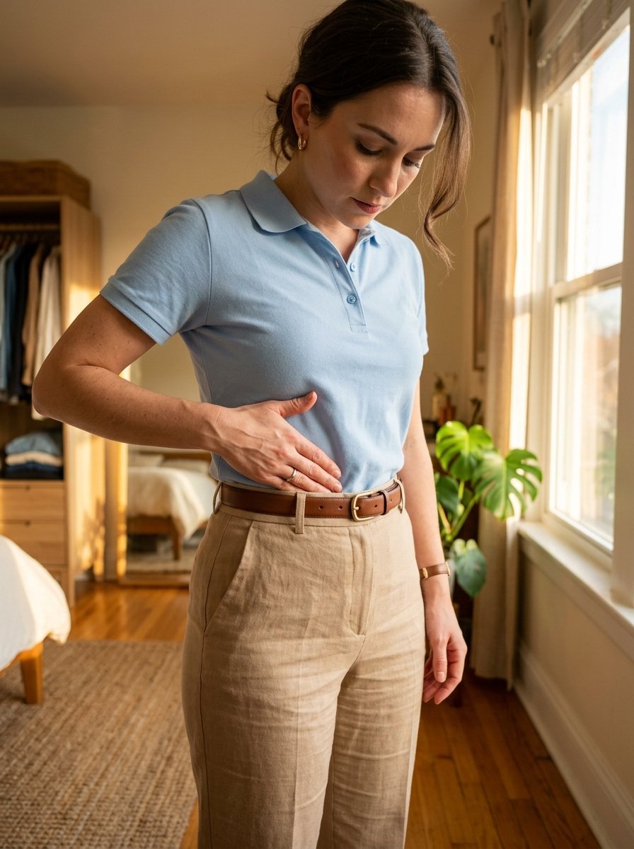Young woman wearing a light blue polo and beige linen trousers with a brown leather belt.