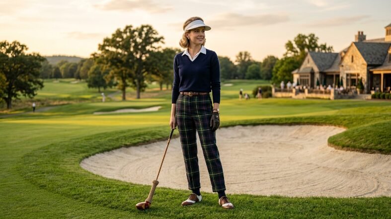 A woman in a navy sweater and visor holds a vintage golf club beside a sand bunker.