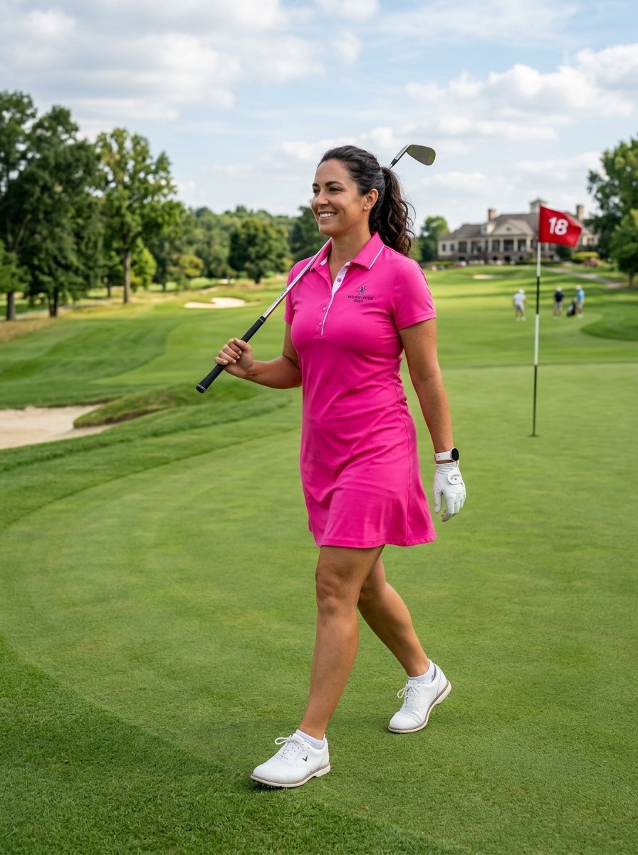 Golfer in bright pink dress walking towards the eighteenth hole on a lush sunny golf course.