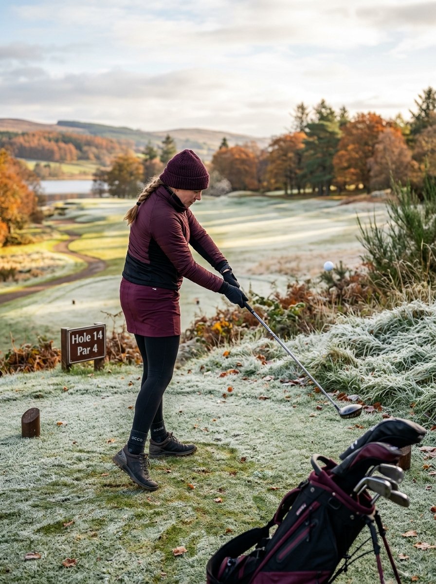 A woman wearing a maroon beanie and jacket swings a golf club on a frost-covered golf course fairway.