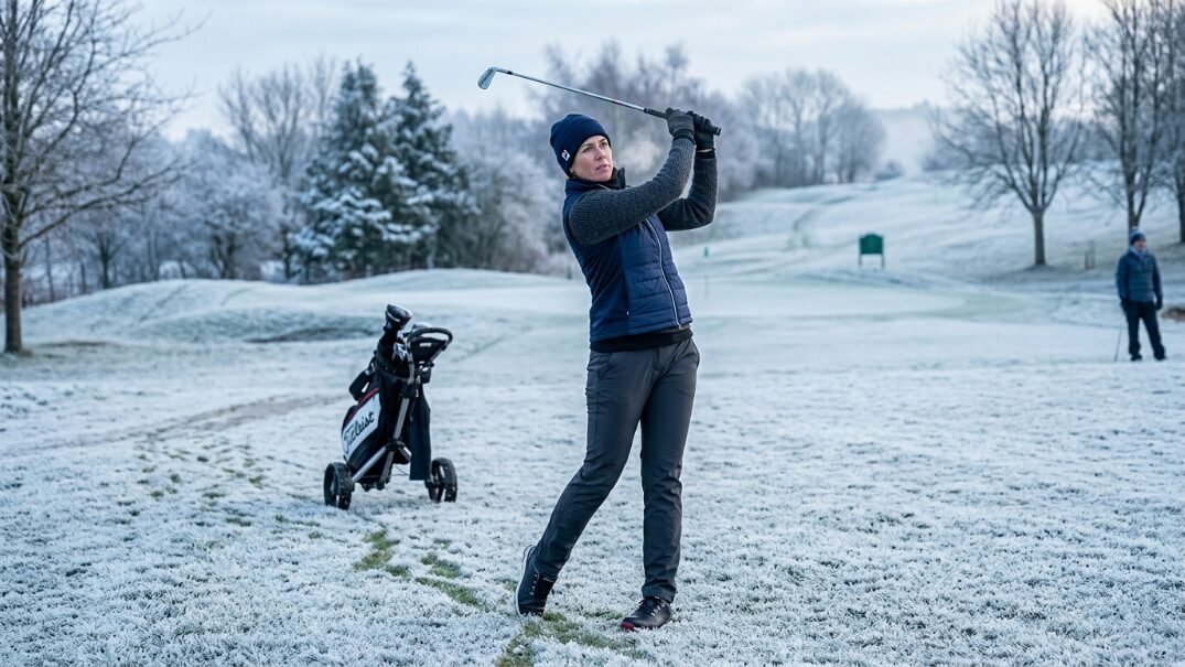 A woman in winter gear mid-swing on a frozen golf course with a bag on a cart nearby.