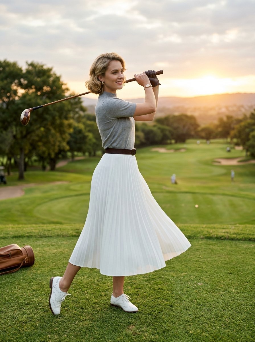 A blonde woman in a pleated white skirt and grey top holds a golf club behind her shoulders on a scenic course.