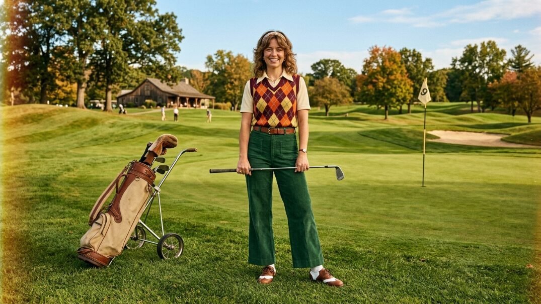 Young woman wearing a colorful argyle sweater vest and green trousers standing on a golf course with a bag of clubs.